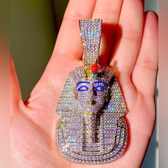 Men 14k Gold Fill Stamp Ice Egyptian King Tut Pharaoh Iced Miami Chain+Pendant - Picture 6 of 7